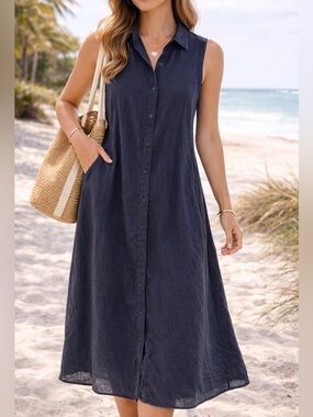 TARGET COLLECTION 100% Linen Navy Midi Shirt Dress 8 Sleeveless Beach Travel